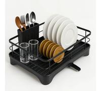 Zuvo Égouttoir à Vaisselle INOX Noir - Grand Égouttoir de Cuisine avec Porte-Couverts Amovible et Bec de Drainage 360° - Égouttoir Compact Antidérapant pour Assiettes, Verres et Couverts