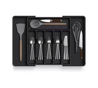 Zuvo Grand organiseur de tiroir extensible en plastique - Range-couverts noir pour ensemble d'ustensiles de cuisine - Parfait pour les tiroirs de rangement en plastique, grand tiroir à couverts