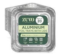 Zuvo Grands plateaux jetables en aluminium avec couvercles en papier 22 x 22 x 8 cm, récipients à emporter parfaits pour la cuisson, le rôti, la cuisson des aliments (20 plateaux et couvercles