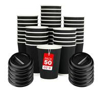 Zuvo Lot de 50 tasses à café jetables en papier kraft ondulé à triple paroi pour café, thé ou liquides chauds à emporter - Noir