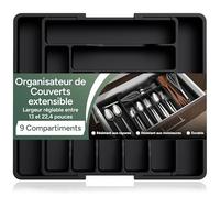 Zuvo Range-Couverts Extensible - Tiroir Cuisine Noir, 9 Compartiments | S'adapte 33-57cm | Résistant Rayures & Moisissures