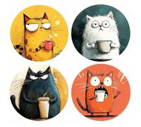 ZUWIJEQ 4 PCS Dessous de Verre Bois, Chat Sous Verres Peinture Coasters Ronds en Liege, Sous Verre Bois Couleurs, Dessous de Plat Liege, 10 Cm, Convient pour La Maison, Le Bar, Le Café, l'Entreprise