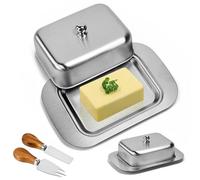 Zuxbolf Beurrier en Acier Inoxydable, Beurrier avec Couvercle et Poignée Récipient à Beurre Boite a Beurre pour Frigo avec Couteau à Beurre et Fourchette pour Conserve des Fromages, Gâteaux, Desserts