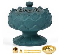 Zuxbolf Brûleur d'Encens Céramique Lotus, Porte-Encens avec Couvercle | Design vintage idéal pour yoga et méditation, inclus supports laiton et pince pour cônes, spirales ou bâtonnets