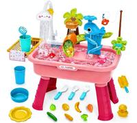 ZVD Table Eau Sable,Évier De Jeu Électrique avec Pompe Et Eau Courante avec 43 Pièces Accessoires de Jeux d'eau,Grande Table Exterieur Jouet sur La Plage Arrière- pour Les Enfant 3 Ans+ (Rose)