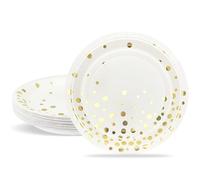 ZVK Assiettes à dessert 18cm Paillettes dorées Assiettes en Carton jetables Blanc 24 pièces Vaisselle Jetable pour baptême, anniversaire, mariage