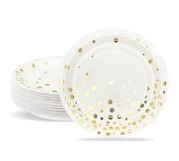 ZVK Assiettes de Fête 23cm Blanc avec Paillettes Dorées, Vaisselle Jetable en Carton pour Baptême, Anniversaire, Mariage (24 Pièces)