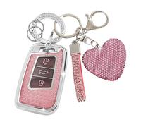 ZVRSUA Coque de Clé de Voiture avec Porte-Clés Strass en Forme de Cœur Compatible avec VW Volkswagen Passat B8 Jetta Polo Tiguan T-ROC MK2 Scirocco Skoda Superb Kodiaq Seat,Smart Key (Rose)