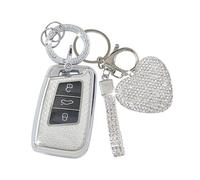 ZVRSUA Coque de Clé de Voiture avec Porte-Clés Strass en Forme de Cœur Compatible avec VW Volkswagen Passat B8 Jetta Polo Tiguan T-ROC MK2 Scirocco Skoda Superb Kodiaq Seat,Smart Key (Argent)