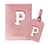 ZVRSUA Protege Passeport Rose et Etiquette Valise Costume，Pochette Passeport avec Lettre, Cuir PU, Cadeaux Femme Voyage Accessoires, Très Mignons, Adaptés aux Femmes, Adolescentes, Filles (Lettre-P)