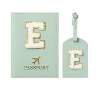 ZVRSUA Protege Passeport Vert et Etiquette Valise Costume，Pochette Passeport avec Lettre, Cuir PU, Cadeaux Femme Voyage Accessoires, Très Mignons, Adaptés aux Femmes，Mâle, Adolescent, Filles (Vert E)