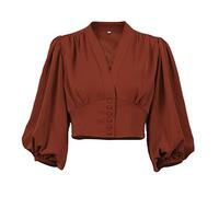 ZWEBY Chemises Femme Femmes Blouses en V Manches Bouffantes à Manches Bouffantes Chemisiers Élégant (Couleur : Rouge, Size : S)