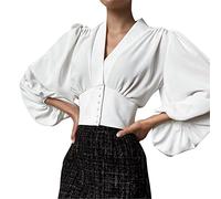 ZWEBY Chemises Femme Femmes Blouses en V Manches Bouffantes à Manches Bouffantes Chemisiers Élégant (Couleur : Blanc, Size : L)
