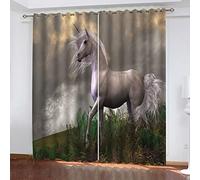 ZWEBY Rideau Salon Occultant Isolant Thermique Rideaux À Oeillets Décoration De Fenêtre pour Chambre, 3D Cheval Blanc d'herbe Motif Rideaux Acoustiques L 220 X H 210 cm 2 Panneaux
