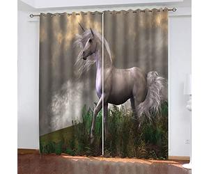 ZWEBY Rideau Salon Occultant Isolant Thermique Rideaux À Oeillets Décoration De Fenêtre pour Chambre, 3D Cheval Blanc d'herbe Motif Rideaux Acoustiques L 220 X H 210 cm 2 Panneaux
