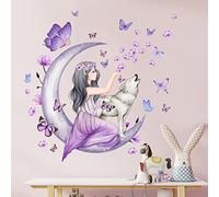 ZWEBY Sticker Mural Fille fée Papillon Violet Fleurs Décalques muraux DIY Moon Wolf Stickers muraux Pétales Floraux en Chute Décoration Murale Amovible et imperméable pour Chambre d'enfant Fille