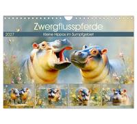 Zwergflusspferde. Kleine Hippos im Sumpfgebiet (Wandkalender 2027 DIN A4 quer), CALVENDO Monatskalender: Malerische Illustrationen von den seltenen Sumpfbewohner Afrikas