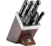 ZWILLING Bloc de Couteaux avec Auto-Affûtage (7 Pièces), Bloc Marron en Bois de Frêne, Couteaux & Ciseaux en Acier Inoxydable Spécial, Manche Plastique, série Gourmet
