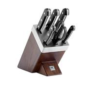 ZWILLING Bloc de Couteaux avec Auto-Affûtage (7 Pièces), Bloc Marron en Bois de Frêne, Couteaux & Ciseaux en Acier Inoxydable Spécial, Manche Plastique, série Gourmet