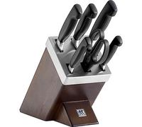 ZWILLING Bloc de Couteaux SharpBlock (7 pièces) avec Affûteur Intégré, Bloc Brun en Bois de Frêne, Couteaux/Ciseaux, Acier Inoxydable, Manche Noir, série Four Star