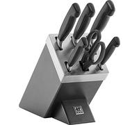 ZWILLING Bloc de Couteaux SharpBlock (7 pièces) avec Affûteur Intégré, Bloc Gris en Bois de Frêne, Couteaux/Ciseaux, Acier Inoxydable, Manche Noir, série Four Star
