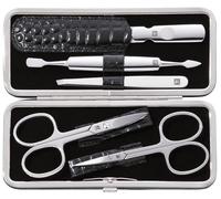 ZWILLING Manucure kit (5 pièces, pour le soin des ongles des doigts et des pieds, étui en cuir véritable avec cadre métallique), Acier inoxydable poli, Édition Croco, noir