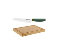 ZWILLING NOW S VERT Couteau de Chef Compact 14 cm + Planche à Découper 25 cm x 18 cm Bambou