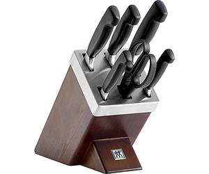 ZWILLING VIER STERNE Bloc de Couteaux Auto-Aiguisant 7 Pièces, Marron | 5 couteaux en acier spécial inoxydable: d’office, universel, à trancher, de chef, à pain + ciseaux, fabriqués en Allemagne