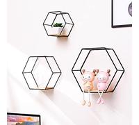 ZWMBYN Lot de 3 étagères murales flottantes hexagonales en métal - Étagères de Rangement géométriques rustiques en Bois - Décoration Murale Moderne pour Chambre à Coucher, Salon et Bureau - Noir
