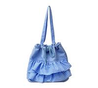 ZWTPGKRD Sac en toile imprimé à carreaux pour femme avec bordure à volants, sac à bandoulière décontracté, intérieur spacieux, sacs sous les aisselles pour un usage quotidien, bleu, As shown in the