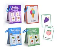 Zwttey Lot de 4 thèmes espagnols pour apprentissage du vocabulaire, matériel d'éducation de la petite enfance pour la maternelle préscolaire, aides pédagogiques, cartes cognitives