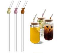ZWWOGE 3 Pcs pailles en verre réutilisables-pailles courbées 20 cm,Motifs avec des ours,conviennent pour le thé à bulles,les cocktails,les jus,les