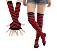 ZWWOGE Ensemble de Cuissardes et Surchaussettes Rayées Blanches et Rouges et Noires Chaussettes Hautes Très Élastiques avec Gants Chaussettes Chaudes Wednesday et Collants Rayés pour Femmes