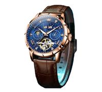 Zxarunas Montre Montre mécanique entièrement Automatique for Homme, étanche, Multifonction, Lumineuse, idéale comme Cadeau Montre Bracelet(Brown Belt+Blue Face)