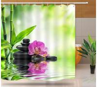 ZXBNNN Rideau de Douche en Bambou Vert orchidée, Fleurs Exotiques Violettes, Pierres, Rideau de Bain en Tissu, décor de Salle de Bain, 130x183cm (51.18x72.05in)