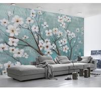 ZXCHEE Papier Peint Panoramique Fleurs Blanches Vertes Papier Peint 3D Tapisserie Mural Salon Chambre Décoration Murale -ZX34420-300x210cm