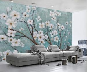 ZXCHEE Papier Peint Panoramique Fleurs Blanches Vertes Papier Peint 3D Tapisserie Mural Salon Chambre Décoration Murale -ZX34420-300x210cm