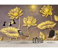ZXCHEE Papier Peint Panoramique Golden Lotus Vintage Papier Peint 3D Tapisserie Mural Salon Chambre Décoration Murale -ZX28883-200x140cm