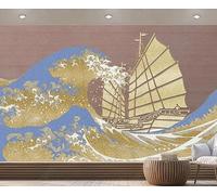 ZXCHEE Papier Peint Panoramique Golden Relief Voilier Vagues Papier Peint 3D Tapisserie Mural Salon Chambre Décoration Murale -ZX23732-400x280cm
