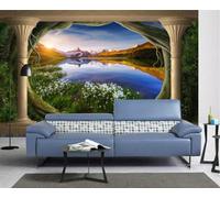 ZXCHEE Papier Peint Panoramique Roman Column Tree Cave Lac Papier Peint 3D Tapisserie Mural Salon Chambre Décoration Murale -ZX30806-400x280cm