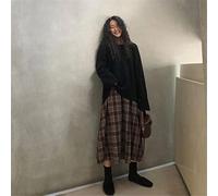 ZXCL Nouveau Japonais Harajuku Automne Hiver Femmes Jupe Midi Taille Haute Taille Plaid Femelle Coréen Streetwear Elegant Jupes Longues-Brown,M