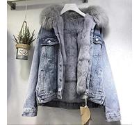 ZXCL Vêtements d'hiver Femmes Vintage Coton épais Denime Denim Manteau Femme Denim Veste surdimensionnée Collier en Fourrure Lâche Plus Velvet Jean Parkas-Light Blue,XL