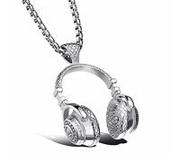 zxcs Musique Casque Pendentif Collier Longue Chaîne Hommes Femmes Hip Hop Bijoux Rock Casque Collier Cadeau Masculin-Silver