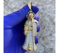 zxcs Pendentif Saint Death Cubic Zirconia Or Couleur Jésus Hip Hop Pendentif Chaîne Collier Bling Party Bijoux-Gold