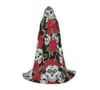 ZXERTG Cape à capuche imprimée tête de mort et rose rouge pour costumes d'Halloween, parfaite pour magicien, vampire, faucheuse et cosplay