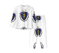 ZXERTG Ensemble de pyjama luxueux pour femme avec imprimé drapeau de l'État du Massachusetts, ensembles de pyjama assortis, pour les vacances et les réunions de famille, Noir , S