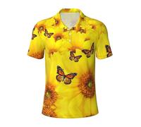 ZXERTG Polo à manches courtes en polyester doux et respirant avec imprimé papillons et fleurs jaunes pour homme, Noir , L