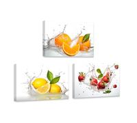 ZXHYWYM Toile murale de cuisine à 3 panneaux - Impression d'images de fruits dans l'eau orange fraîche, citron, fraise - Œuvre d'art colorée pour cantine et restaurant encadrée (B, (28 x 35 cm)