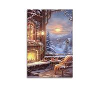 ZXJYMX Poster de Noël avec cheminée brûlée et scène de neige près de la fenêtre - Impression sur toile murale moderne pour chambre à coucher (50 x 75 cm)