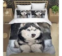 ZXLLO Housse de Couette 240x260 Chien 3D Motif 3 pièces Chien Husky Parure de lit 2 Personnes Hypoallergique Microfibre avec Fermeture Éclair et 2 Taie d'oreiller 50x75 pour dultes et Enfants